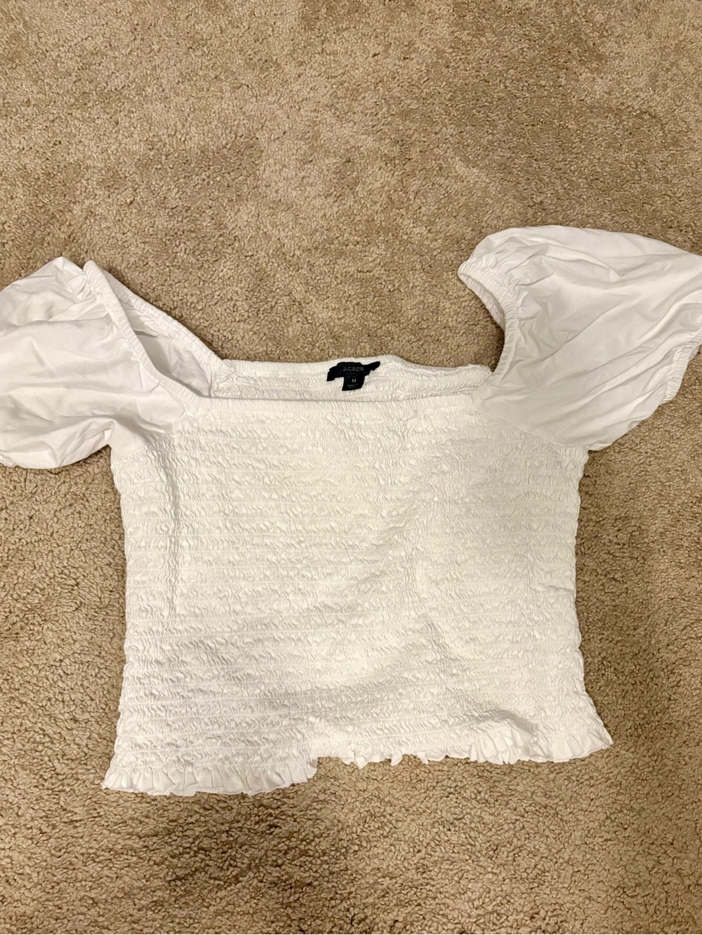 J. Crew White Smocked Puff-Sleeve Crop Top